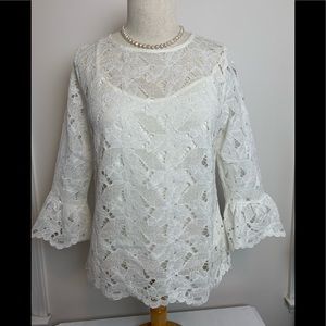 Anthropologie Blue Tassel Lace Cream color Cut Out Top